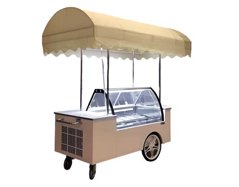 Esquema de un carrito de helados antiguo en una calle con gente