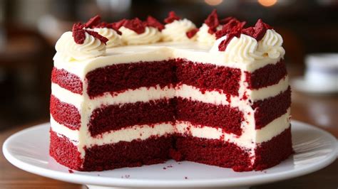 Fotografía profesional de un pastel de terciopelo rojo en capas con glaseado blanco de queso crema