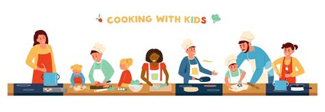 Ilustración de niños cocinando panqueques con adultos