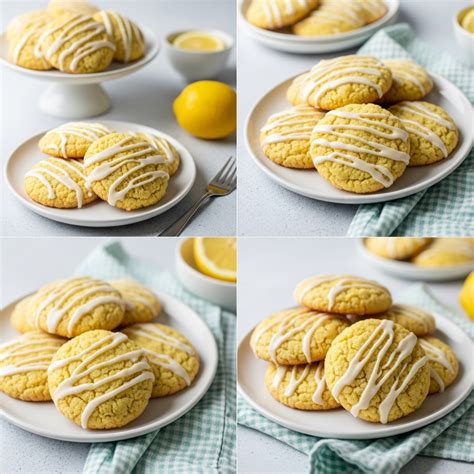 Fotografía cenital de galletas de limón recién horneadas sobre una bandeja de madera, decoradas con azúcar glas y ralladura fresca.