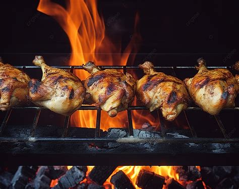 Parrilla con pollo asándose y herramientas de cocina