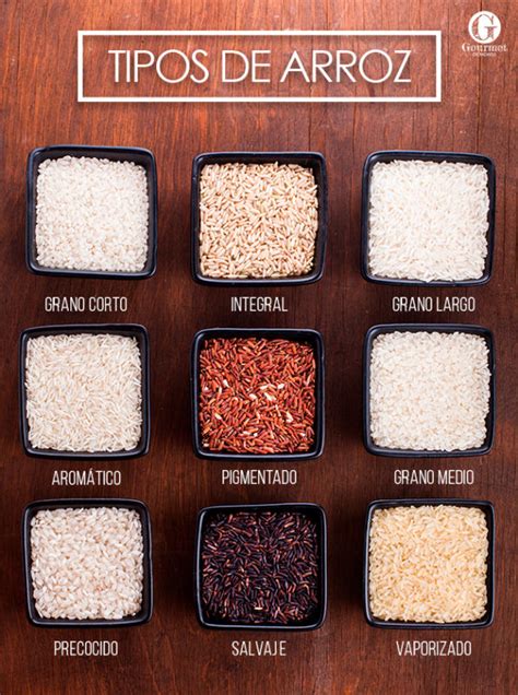 Infografía comparativa de diferentes tipos de arroz (blanco, integral, basmati, etc.)