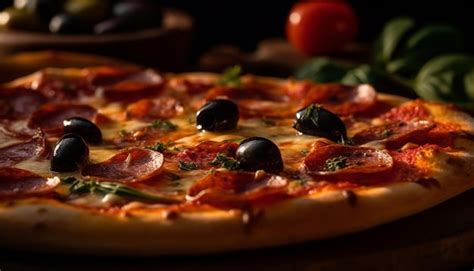 Fotografía profesional de una pizza recién horneada con salami y aceitunas negras sobre una mesa de madera