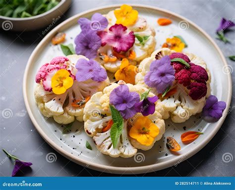 Plato con flores comestibles y hierbas aromáticas