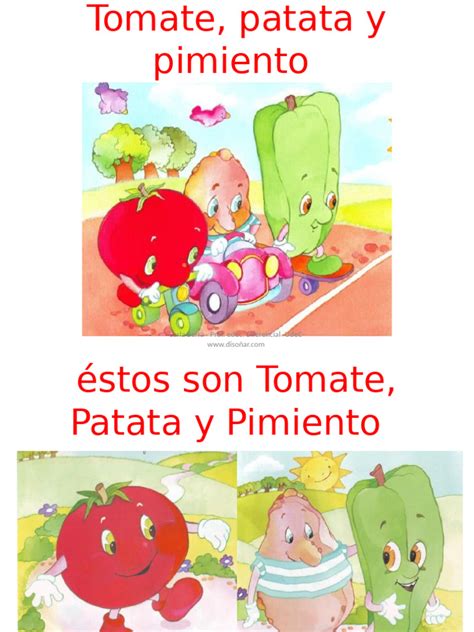 Ilustración de los personajes Tomate, Patata y Pimiento en plena carrera, en un entorno natural.