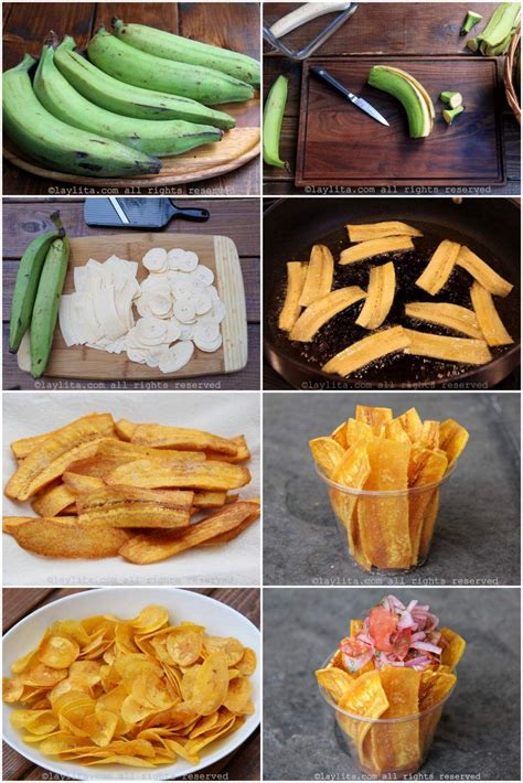 Muestra de diferentes cortes de plátano frito: chifles, tostones, tajadas