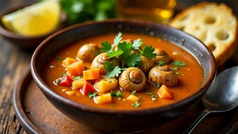 Plato de sopa de caracoles gourmet con decoración