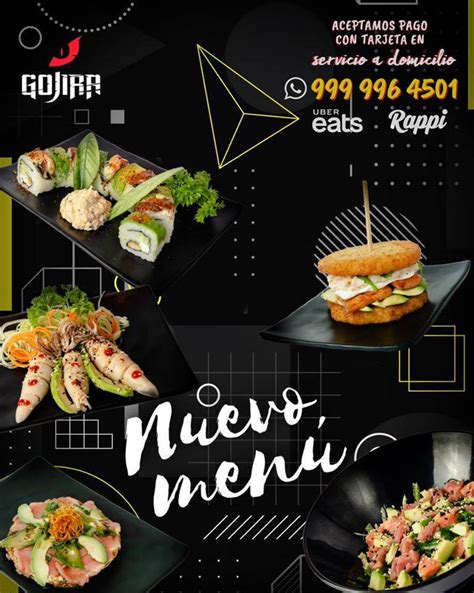 Infografía detallada que categoriza las secciones del menú de Gojira Sushi, desde entradas hasta postres y especialidades.