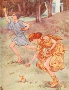 Ilustración de Atalanta recogiendo las manzanas doradas en una carrera