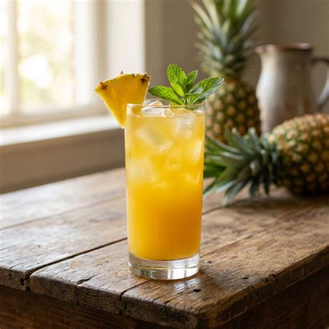 Vaso de agua de piña fresca con rodajas de piña y hielo, en un ambiente tropical