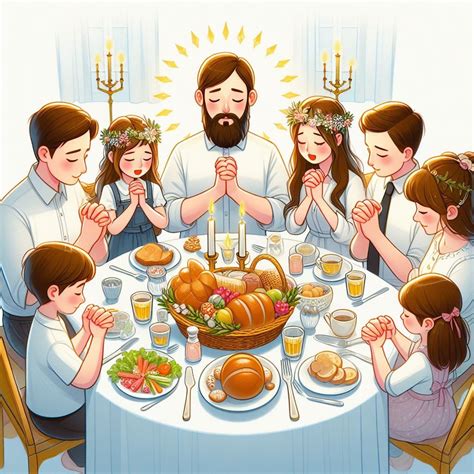 Representación de una familia bendiciendo los alimentos antes de comer
