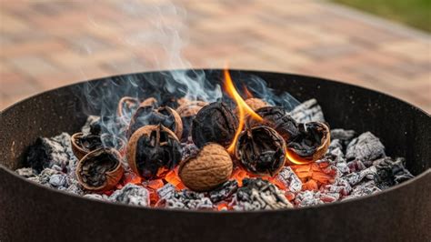 Asado con brasas y cáscaras de nuez liberando humo