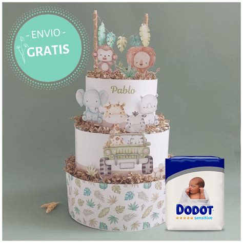 Infografía de ideas de decoración para tarta de pañales de niño (colores azules, osos de peluche, biberones).