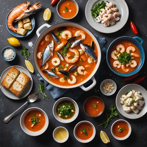 Surtido de mariscos frescos para sopa, incluyendo pescado, camarones y jaiba