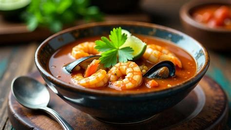 Tazón humeante de sopa de mariscos estilo Sinaloa servido con rebanadas de limón, galletas saladas y salsas picantes