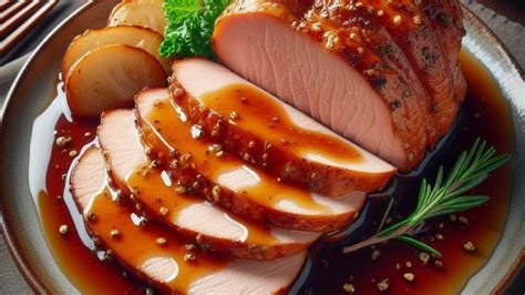 Lomo de cerdo con salsa teriyaki acompañado de puré y una variedad de verduras al vapor