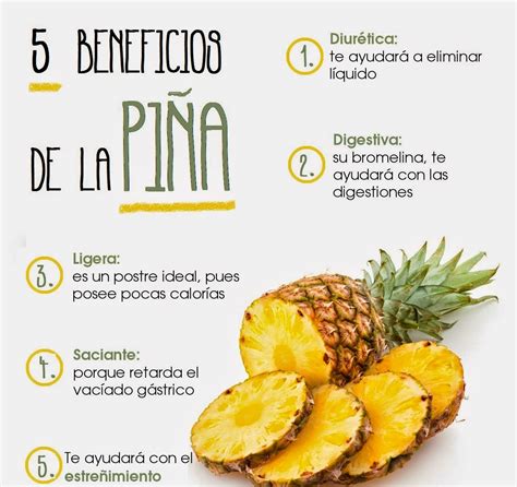 Infografía sobre los beneficios para la salud de la piña, incluyendo vitamina C, bromelina y propiedades diuréticas