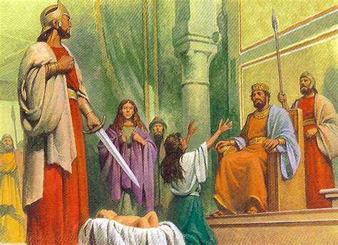 Ilustración del famoso juicio de Salomón, donde se resuelve la disputa por la maternidad de un niño.