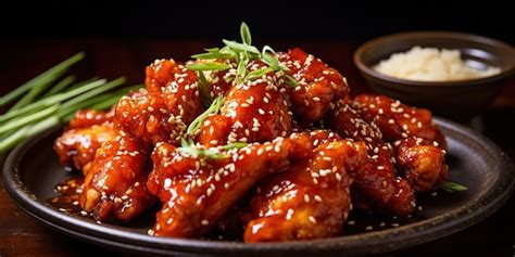Foto de alitas de pollo glaseadas con salsa gochujang y kétchup, decoradas con sésamo