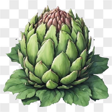 Ilustración de una alcachofa fresca con sus hojas y corazón visibles