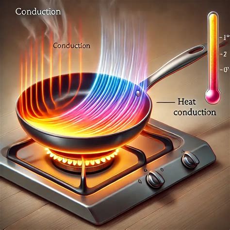 Diagrama técnico mostrando la distribución uniforme del calor en la superficie de la sartén de hierro fundido.