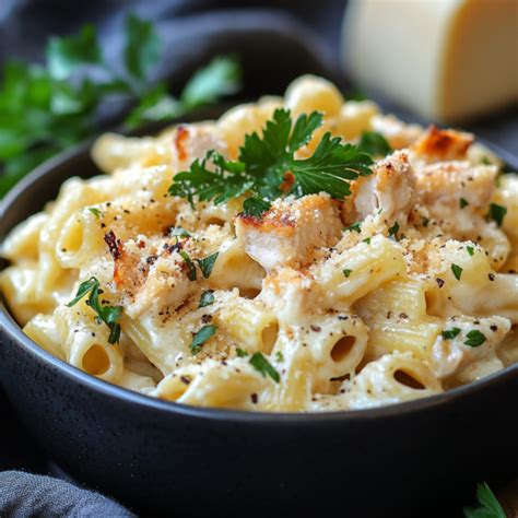 Plato de pasta con pollo bañado en una rica salsa cremosa de tres quesos y decorado con hierbas frescas