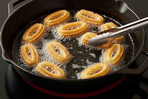 Primer plano de churros y porras en una sartén con aceite caliente.