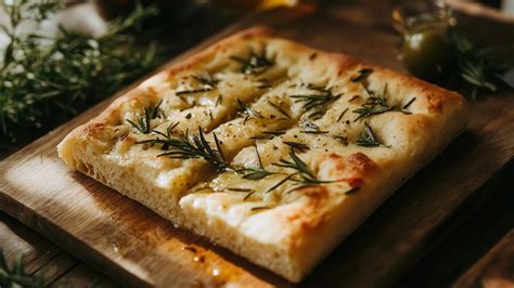 Ilustración de una focaccia dorada y esponjosa con ingredientes mediterráneos