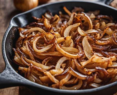 Primer plano de cebolla caramelizada dorada y brillante en una sartén