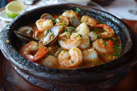 Cazuela de mariscos humeante con diferentes tipos de mariscos y vegetales