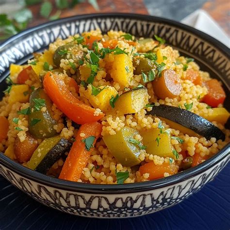 Plato terminado de cuscús con verduras coloridas y aromáticas.