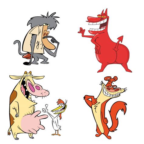 Imagen promocional clásica de los personajes Vaca y Pollito junto al Tipo Rojo