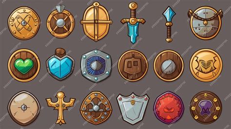 Ilustración mostrando diferentes tipos de escudos y anillos con sus iconos.