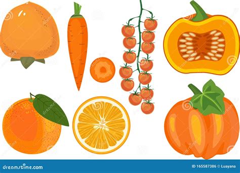 Variedad de frutas y verduras de color naranja
