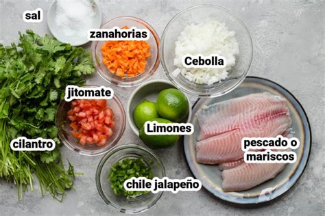 Primer plano de los ingredientes frescos para el ceviche de salmón, incluyendo trozos de pescado, cebolla morada, cilantro y limones.