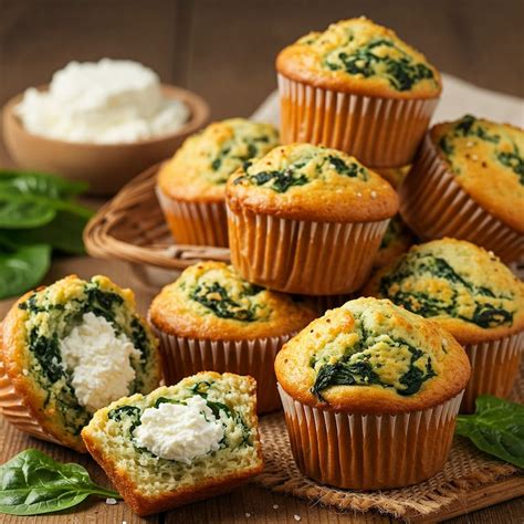 fotografía de muffins de queso y espinaca servidos, con una fruta al lado