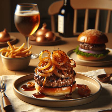 Fotografía cenital de una hamburguesa artesana con cebolla caramelizada y mermelada de cebolla roja sobre un fondo rústico