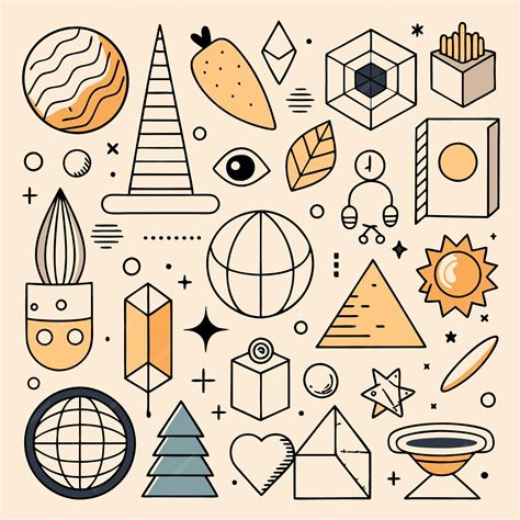 Ilustración de varios símbolos abstractos y geométricos que representan conceptos como diversión, felicidad y sabiduría.