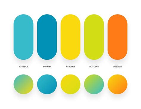 Paleta de colores con degradados de azul y amarillo, junto a iconos que representan diversión y tranquilidad.