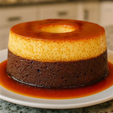 Imagen de un chocoflan con capas bien definidas y perfectas, recién desmoldado