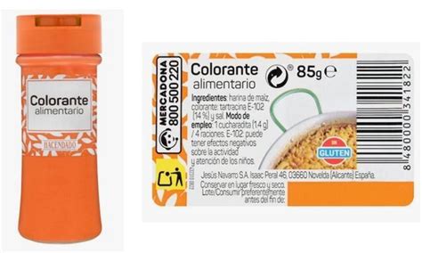 Esquema de la composición de un colorante alimentario sin gluten, mostrando los ingredientes principales como harina de maíz, sal y los números E de los colorantes.
