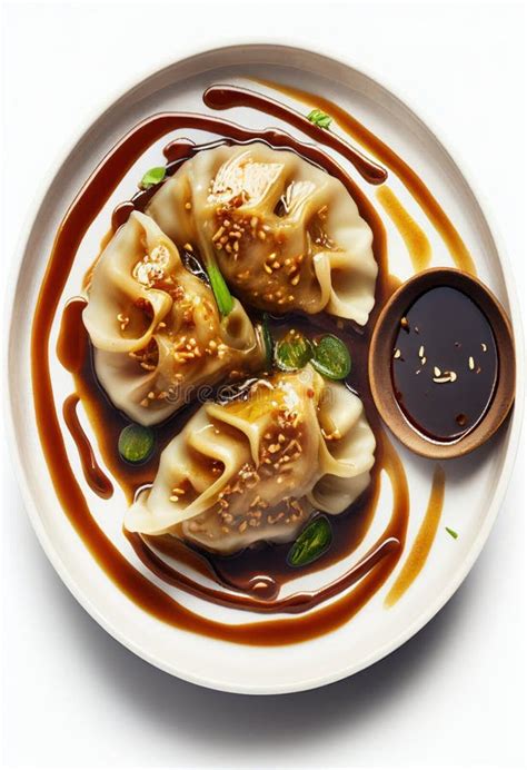 Ilustración que muestra gyozas doradas servidas con una guarnición de salsa de soja y jengibre