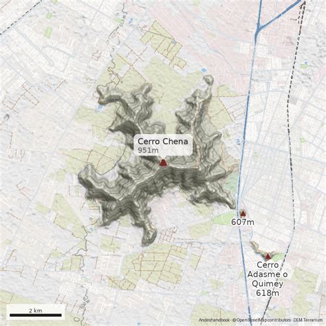 Mapa topográfico y delimitación territorial del Cerro Chena en la Región Metropolitana