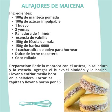 Infografía detallando los ingredientes clave para alfajores de maicena: maicena, dulce de leche repostero, azúcar glas, mantequilla, yemas de huevo, extracto de vainilla, ralladura de limón.
