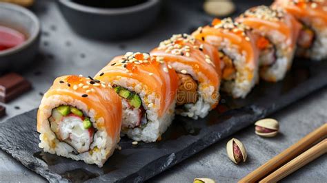 Fotografía profesional de una selección de rolls de sushi gourmet presentados en una mesa elegante