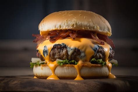 Ilustración de una hamburguesa jugosa con tres tipos de queso derretido, rodeada de ingredientes frescos.