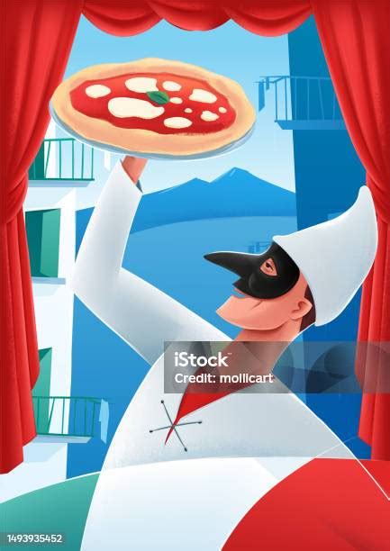 Ilustración de la ciudad de Nápoles con una pizza.
