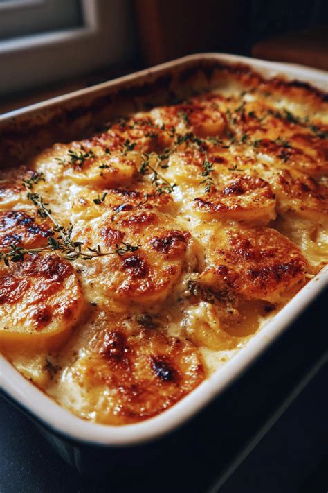 Fotografía gastronómica de una fuente de papas gratinadas doradas y recién salidas del horno.