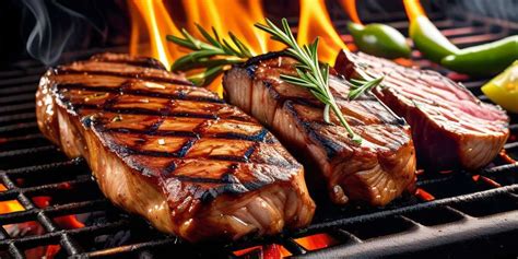 Carne asada a la parrilla sobre brasas, con humo y llamas