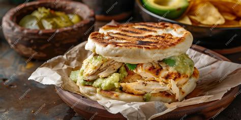 Foto: Arepa abierta con relleno de pollo y guacamole lista para comer